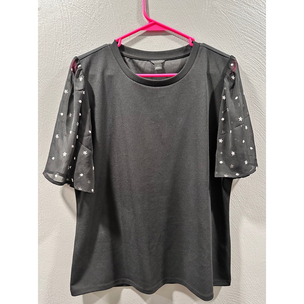 Ann Taylor Black Knit Top Sheer Embroidered Floral Flutter Sleeve Large